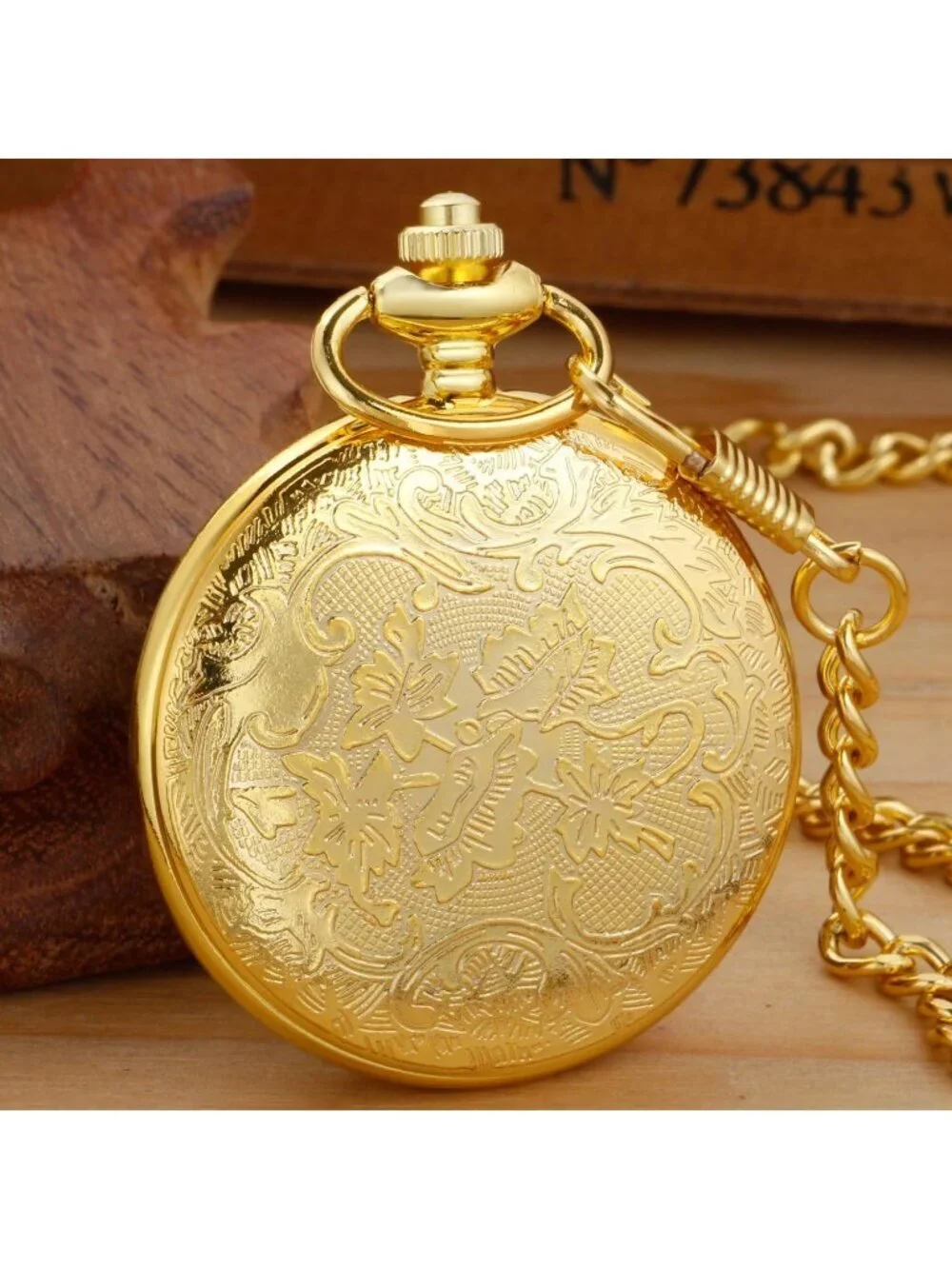 Men's All Gold Analog Quartz Flower Arabic Numerals Movement Chain Pocket Watch